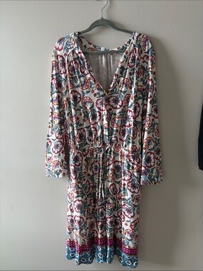 DR2 White Floral V-Neck Robe Dress with Pink, Blue & Gold Accents